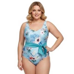 LYSA 1X (18W/20W) Nadia Blue Floral V-neck Swimsuit Open Back Tummy Smoothing